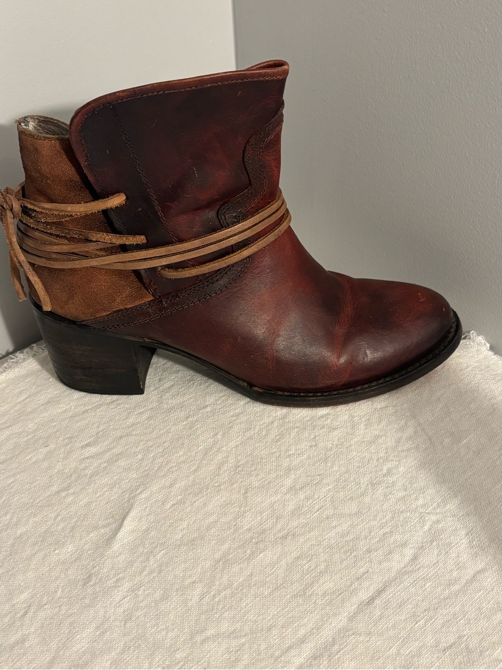 Freebird by Steven Burnt Mahogany Brown Leather Ankle Boot with Wrap Straps